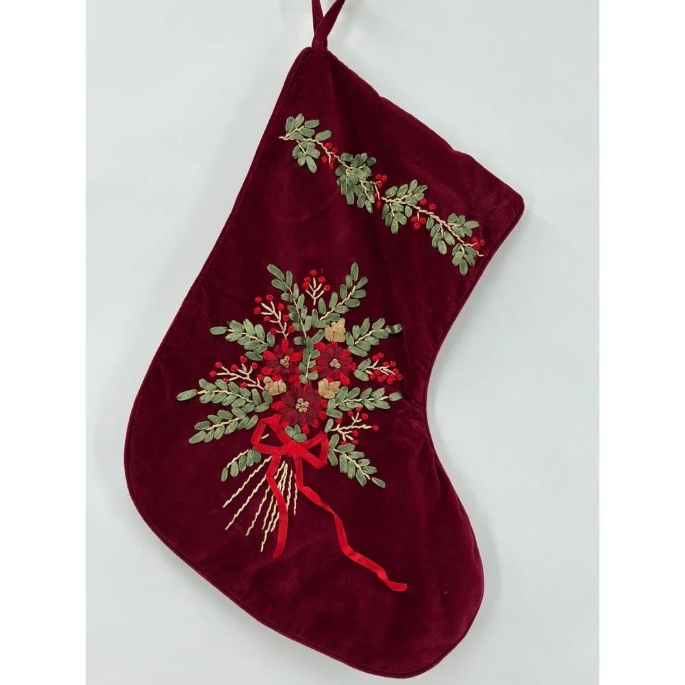 Vtg Burgundy Velvet Christmas Stocking Ribbon Embroidery Floral Red Green